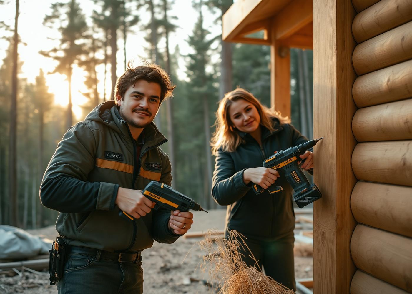 Two young people framing a cabin wall at sunrise