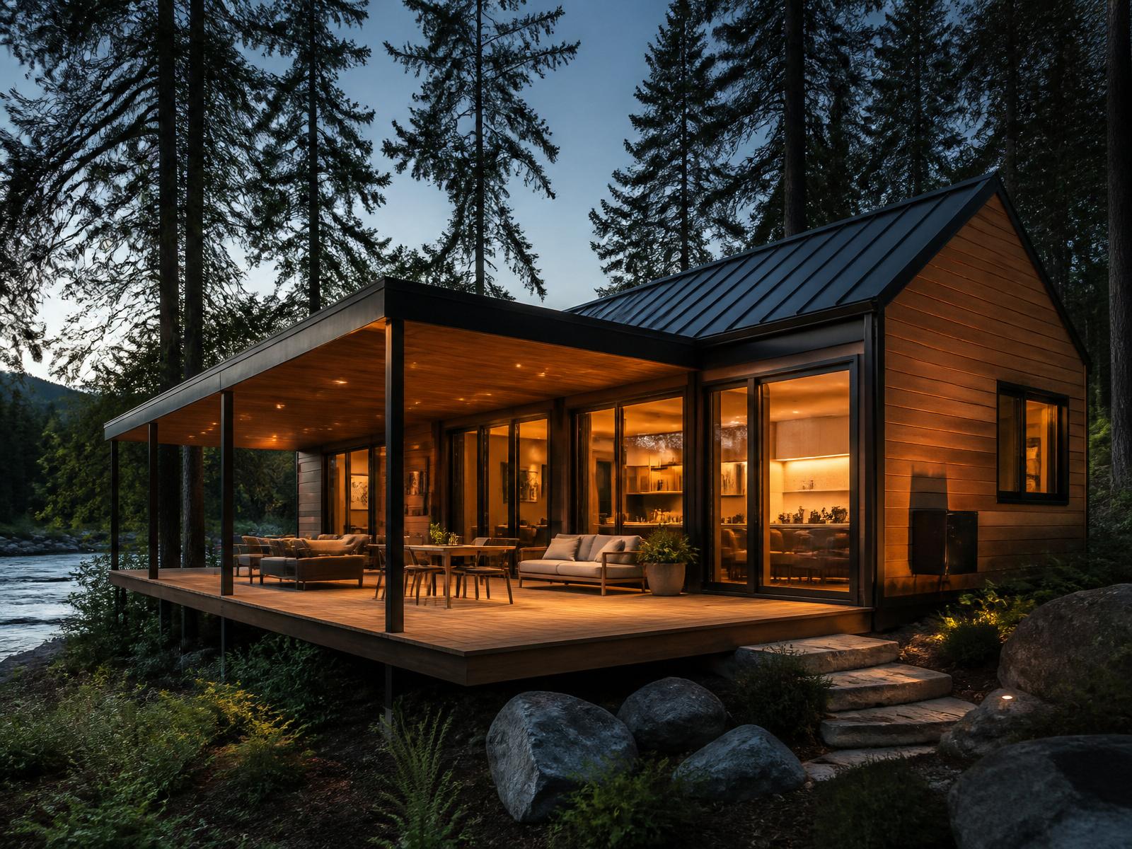 A modern timber cabin among tall pines