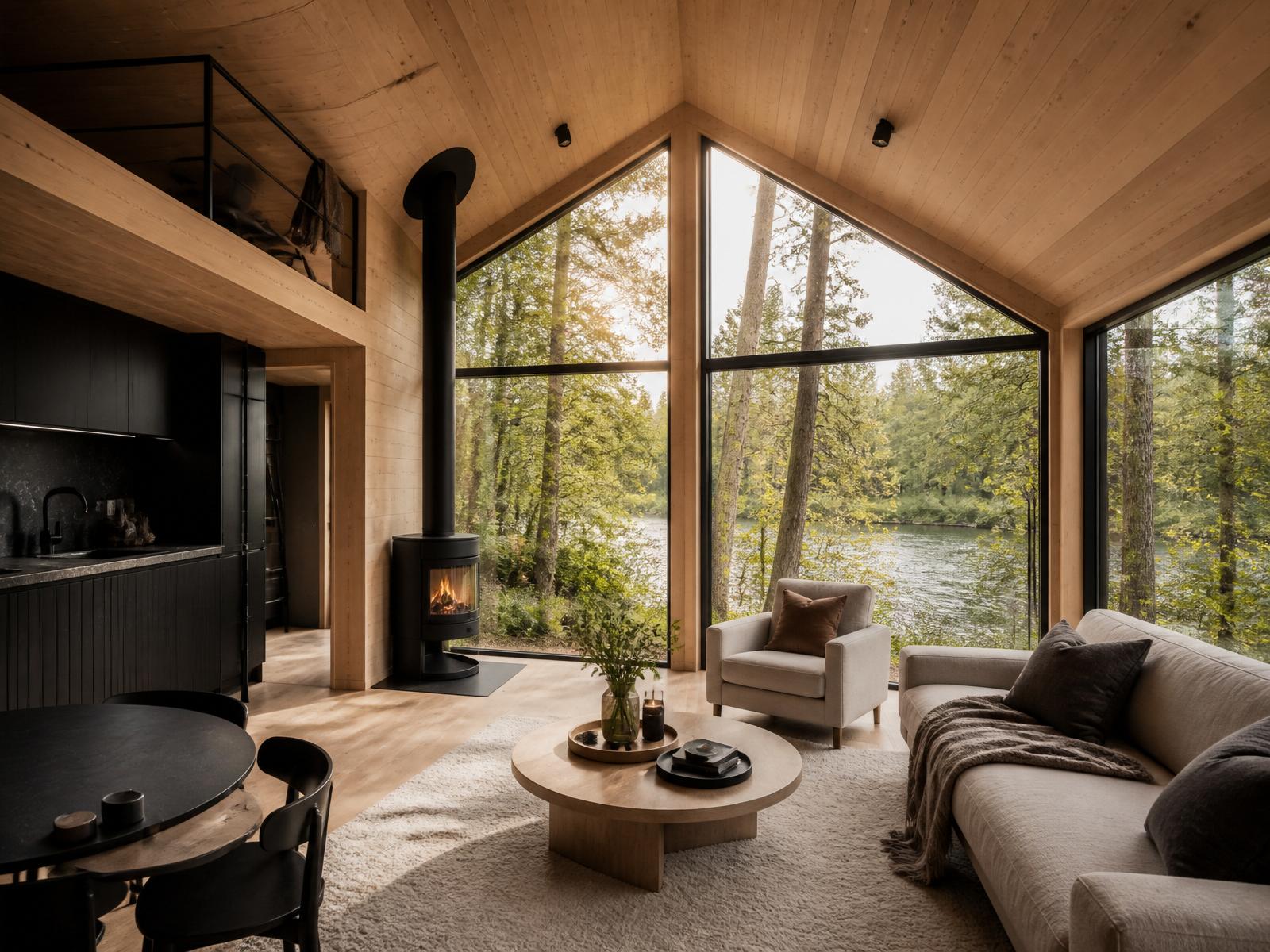 A warm modern cabin interior with timber walls and large windows