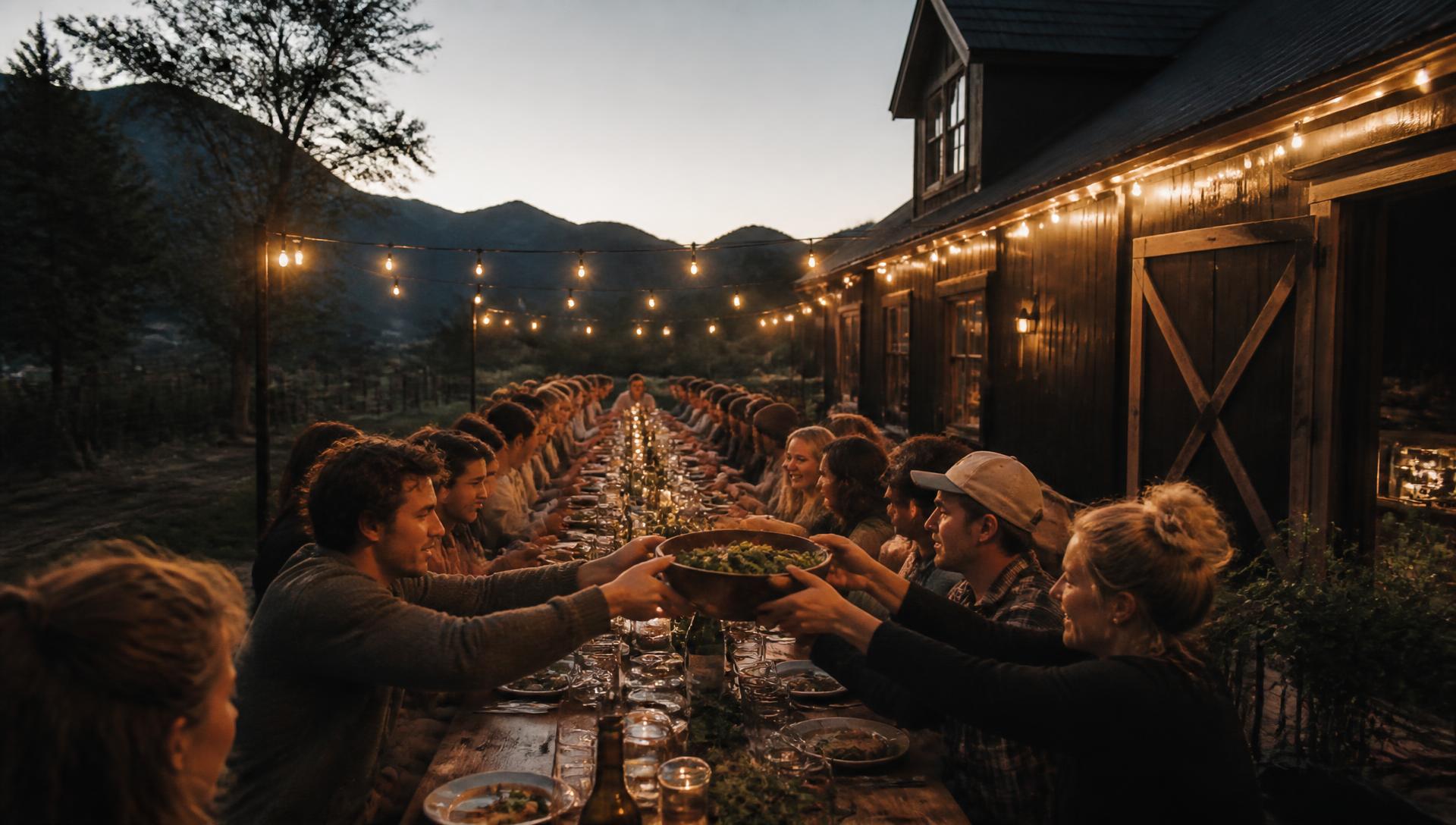 Long communal dinner table at dusk beside a timber barn under string lights