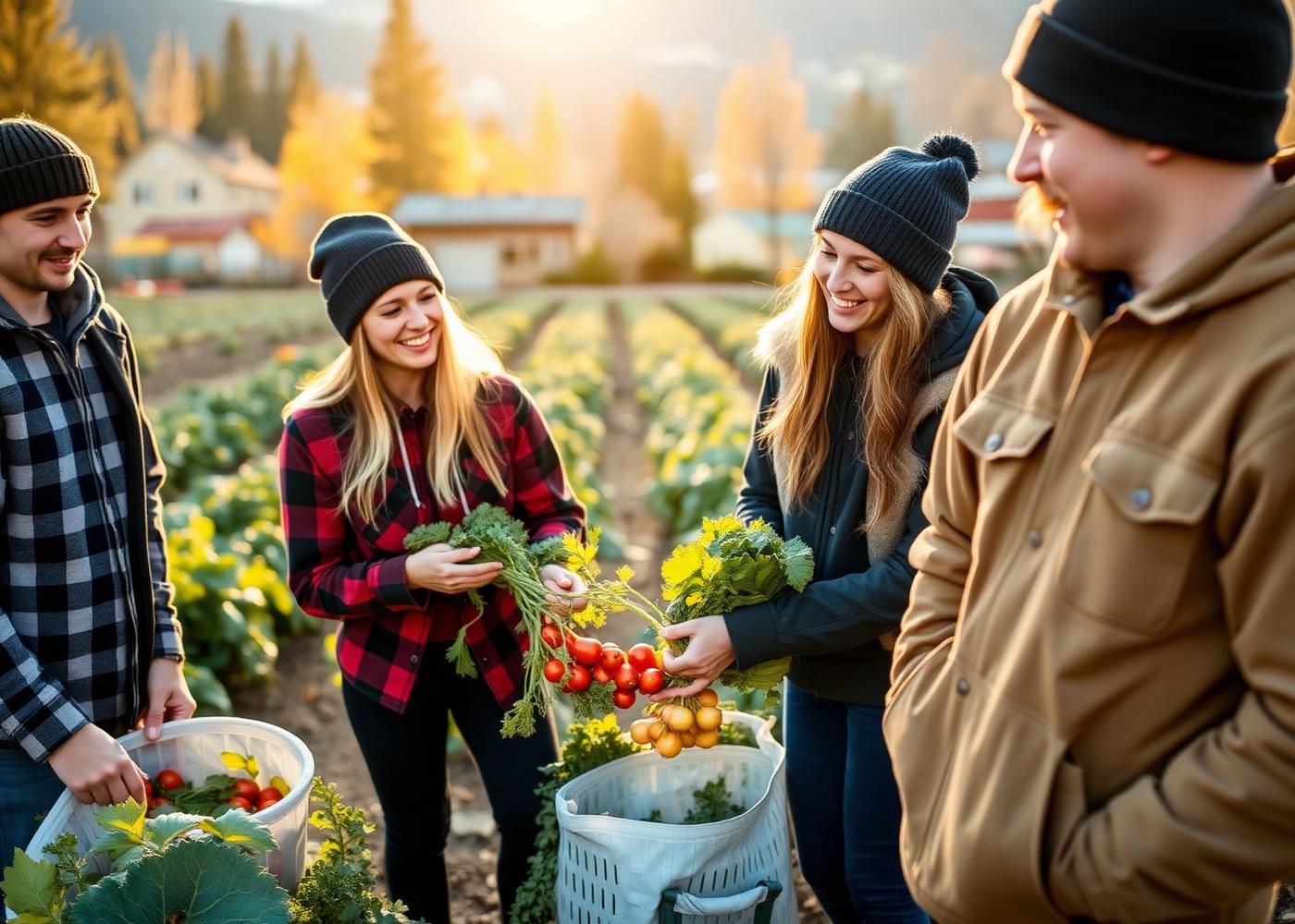 Young adults harvesting vegetables together