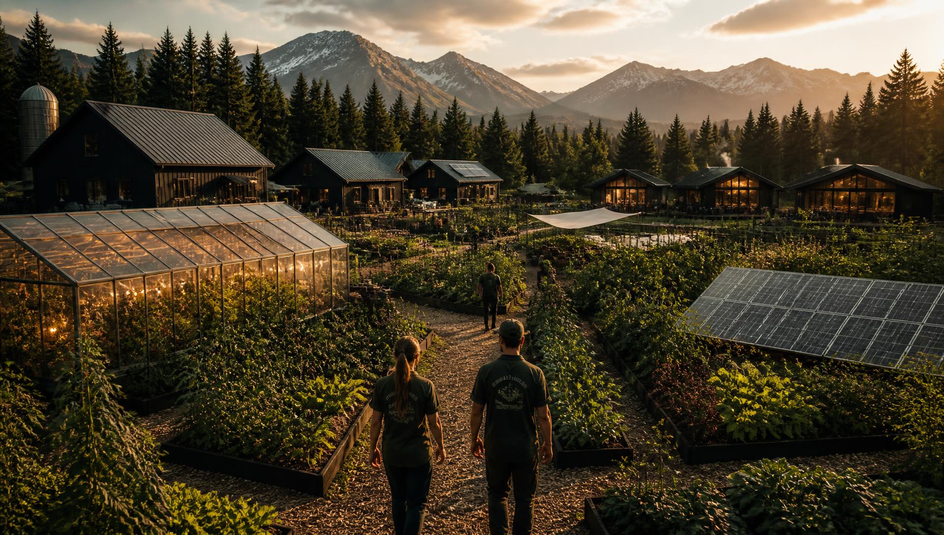ROOTED village at golden hour: black timber barns, greenhouses, gardens and mountains