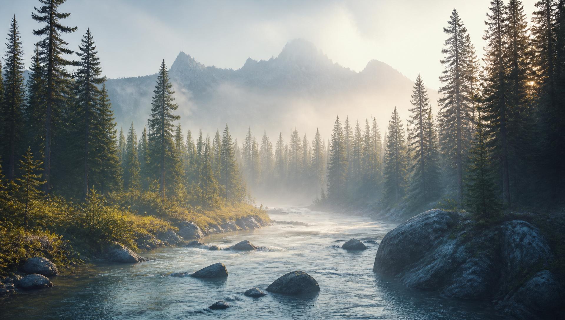 A clear mountain river running through forest at golden hour