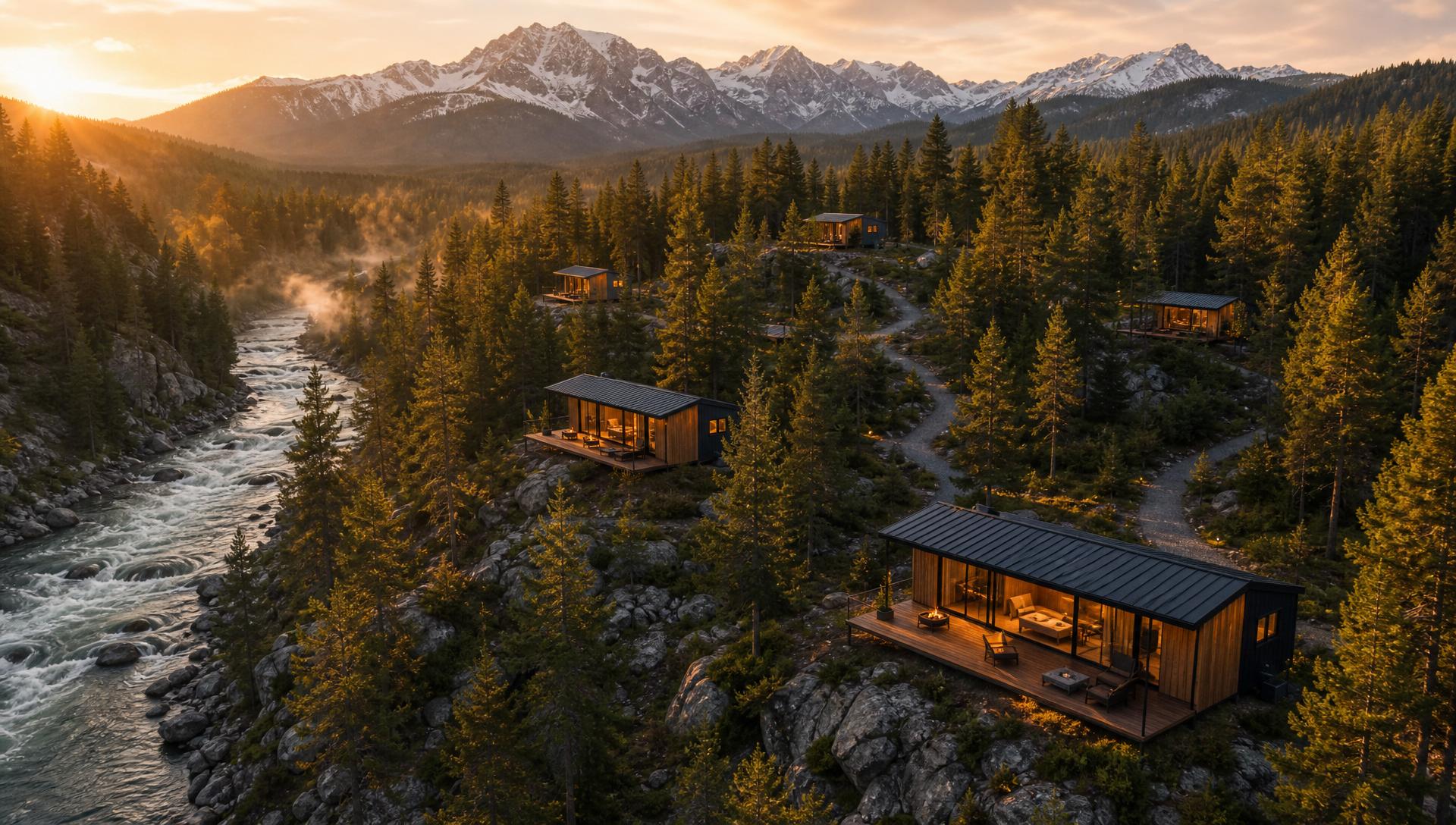 Aerial view of a village of timber cabins along a mountain river at golden hour